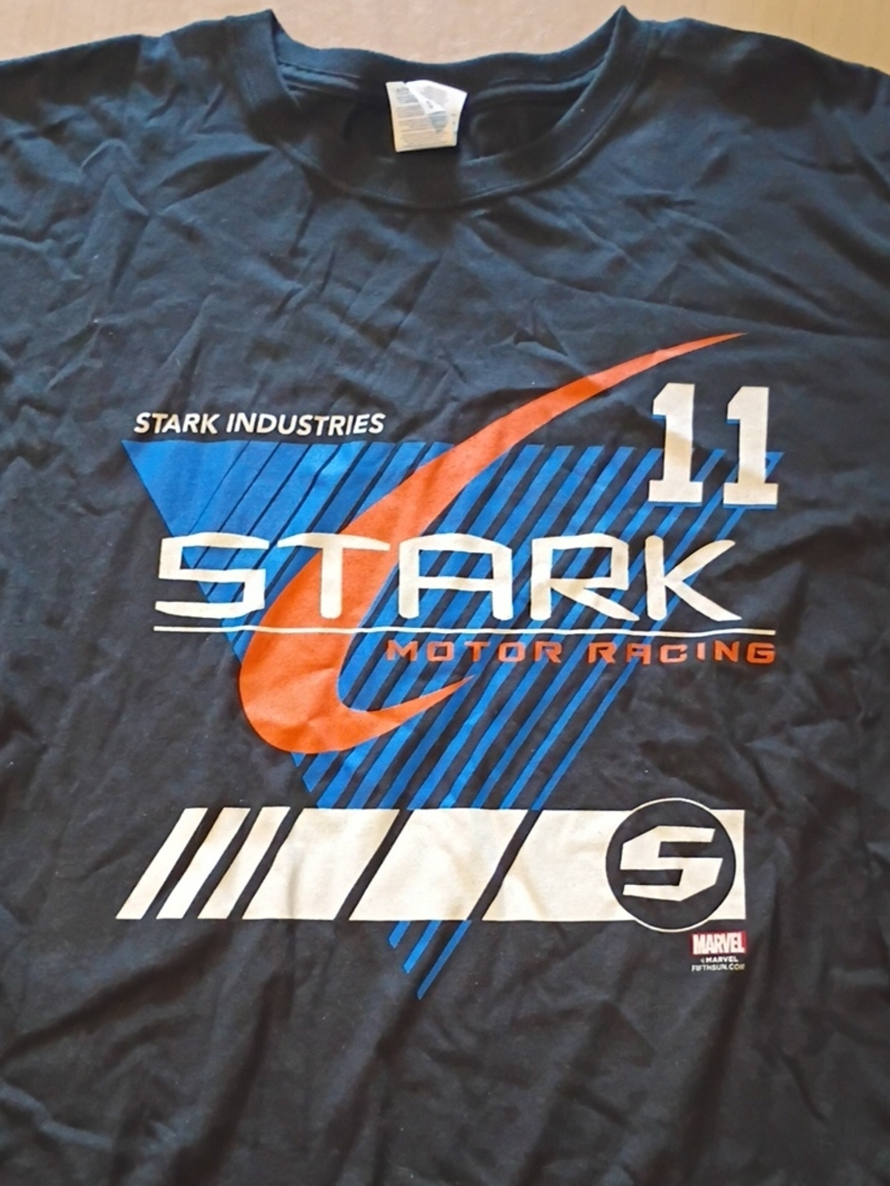 Gildan Black Tee with Blue, Orange and White Racing Graphic
